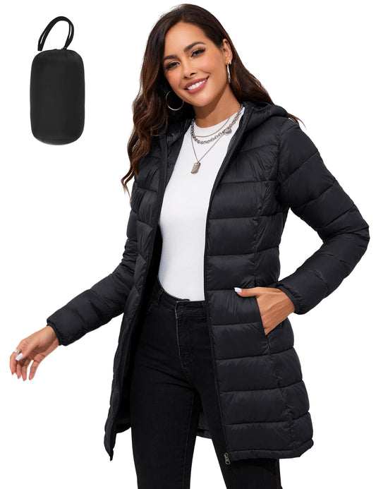 ANOTHER CHOICE Women Packable Puffer Jacket Lightweight Hooded Puffy Jacket (Black, XL)