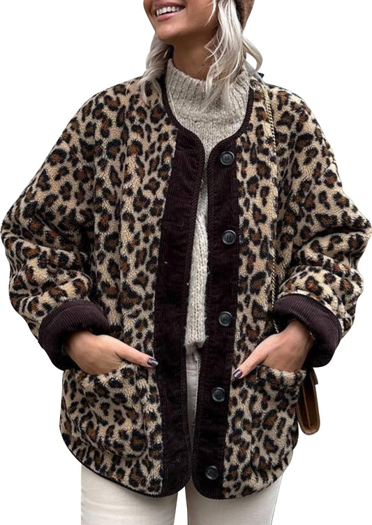 Eisctnd Women's Fuzzy Fleece Jacket Leopard Print Long Sleeve Open Front Coats Lightweight Casual Outerwear with Pocket(Leopardprint-M)