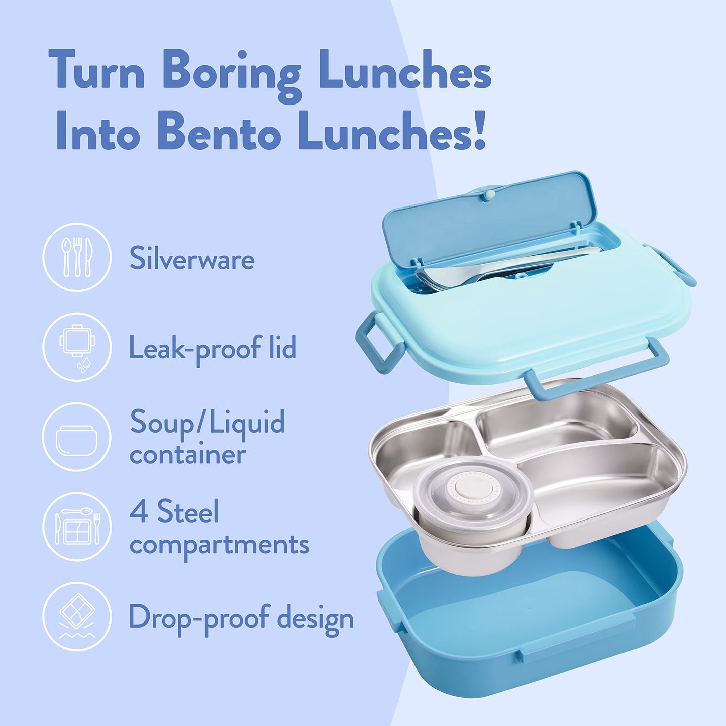 Stainless Steel Bento Box for Kids - Leakproof Lunch Box with Four Compartments and Separate Soup Cup with Silicone Lid for Kids and Adults (Blue)