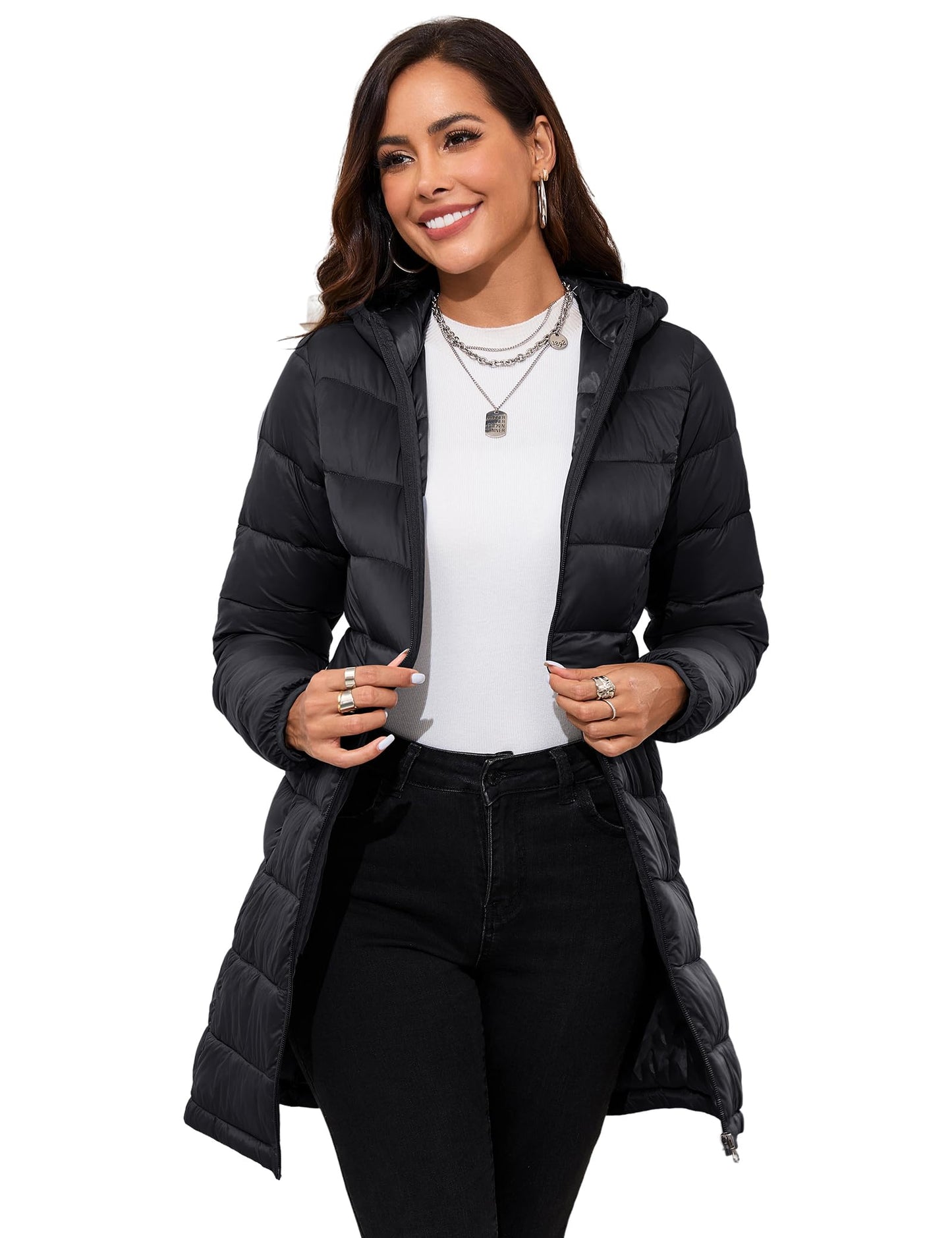 ANOTHER CHOICE Women Packable Puffer Jacket Lightweight Hooded Puffy Jacket (Black, XL)