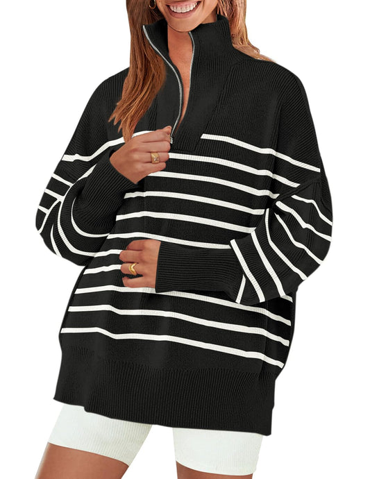ZESICA Women's Striped Sweaters Half Zipper Long Sleeve Ribbed Knit Loose Oversized Pullover Sweater Tops,Black,Medium