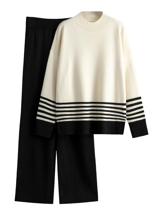 Tanming Women's Lounge Sets 2 Piece Outfits Knitted Pullover Sweater Tops Wide Leg Pants Tracksuit (Black-M)