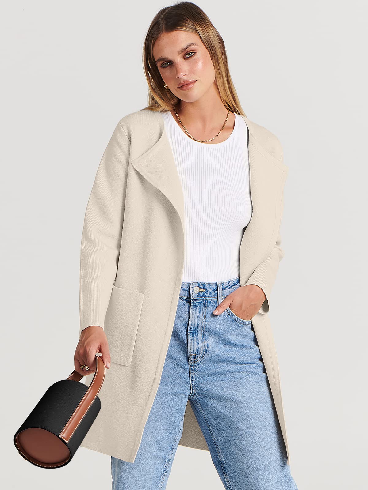 ANRABESS Women's Open Front Knit Lightweight Cardigan Casual Long Coatigan Sweater Lady Jacket Coat 2024 Fall Outerwear Beige Medium