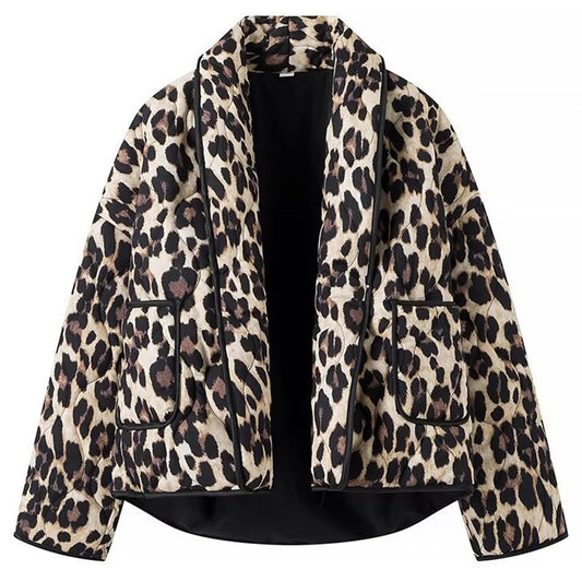 ATOFY Womens Lightweight Quilted Puffer Jacket Leopard Print Oversized Long Sleeve Packable Short Down Coat(Coffee,M)