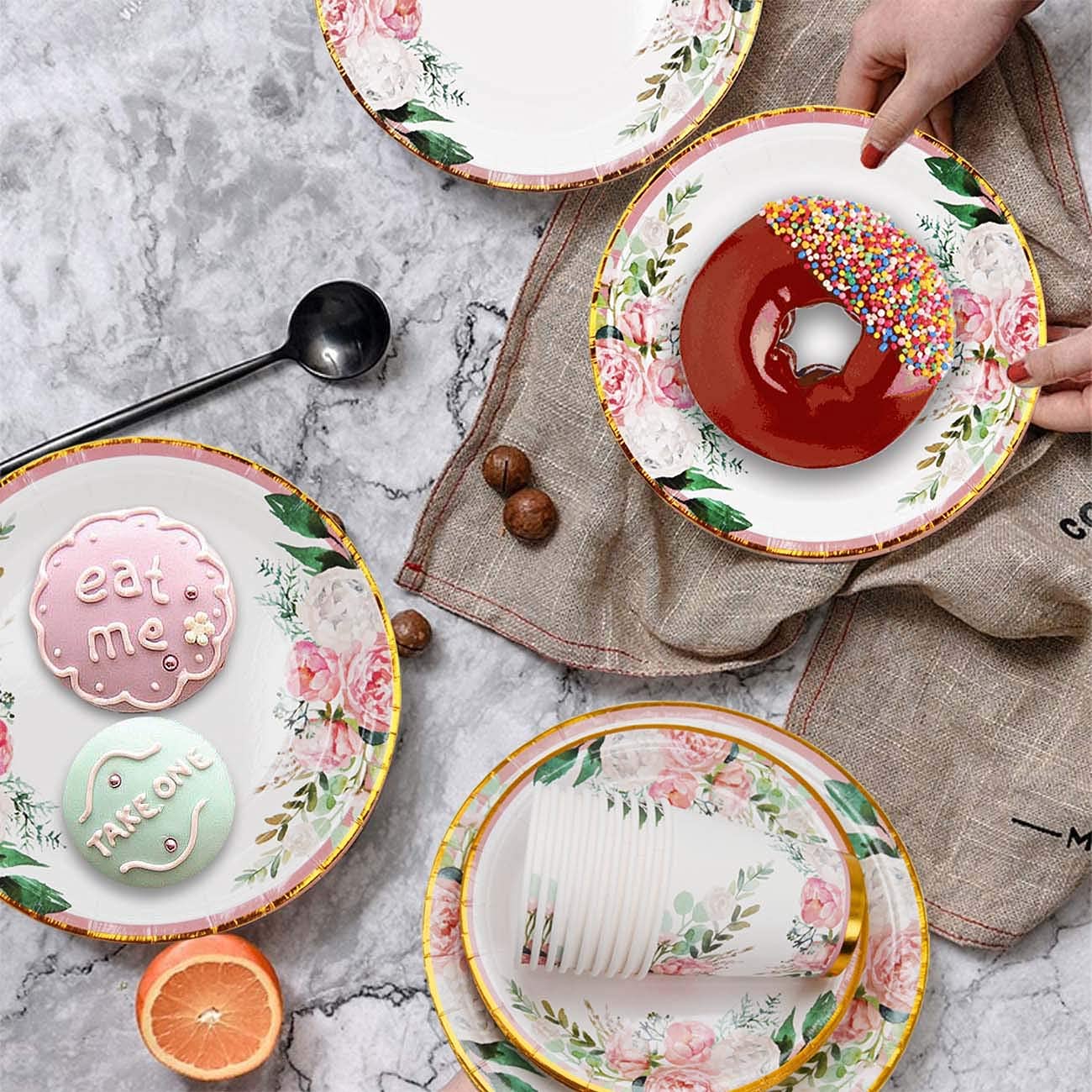Floral Party Supplies bridal shower paper plates and Napkins Sets for 24 Guest-Floral Party Disposable Paper Dinner Plates,Cups,Knives, Spoons, Forks, for Baby Shower Birthday Bridal Shower Tea Party