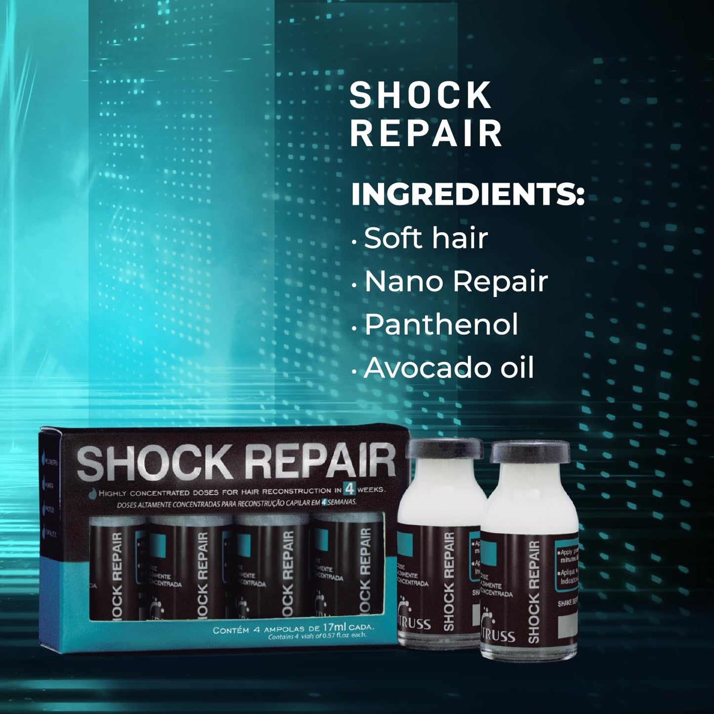 TRUSS Shock Repair - Damaged Hair Treatment Serum for Weekly Reconstruction + Ongoing Hair Repair - With Highly Concentrated Ampoules for Prime Hydration + Strength - (4 Week Supply)
