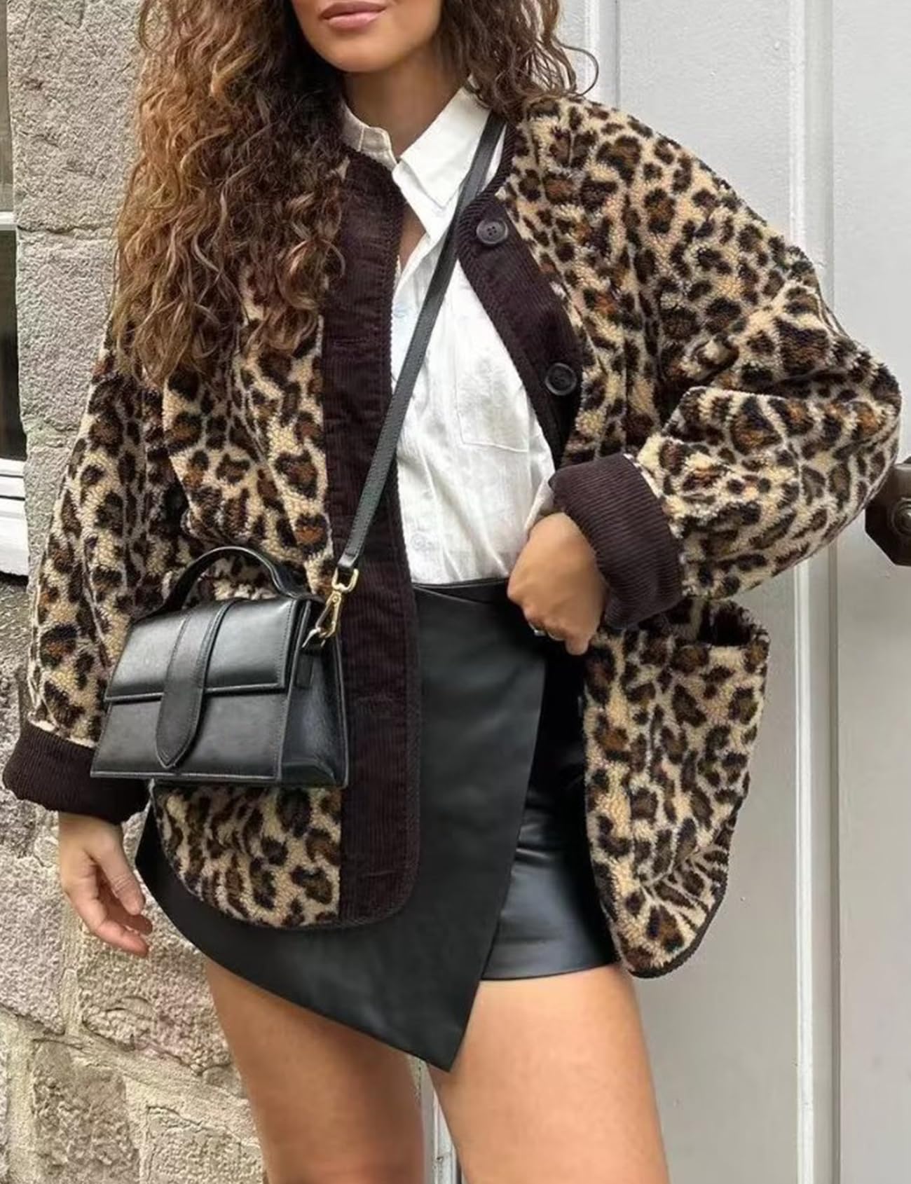 Eisctnd Women's Fuzzy Fleece Jacket Leopard Print Long Sleeve Open Front Coats Lightweight Casual Outerwear with Pocket(Leopardprint-M)