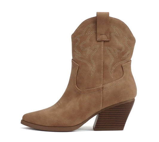 Soda “BLAZING” ~ Women Western Stitched Pointe Toe Low Heel High Top Ankle Shaft Boot Bootie (Taupe PU, us_footwear_size_system, adult, women, numeric, medium, numeric_7)