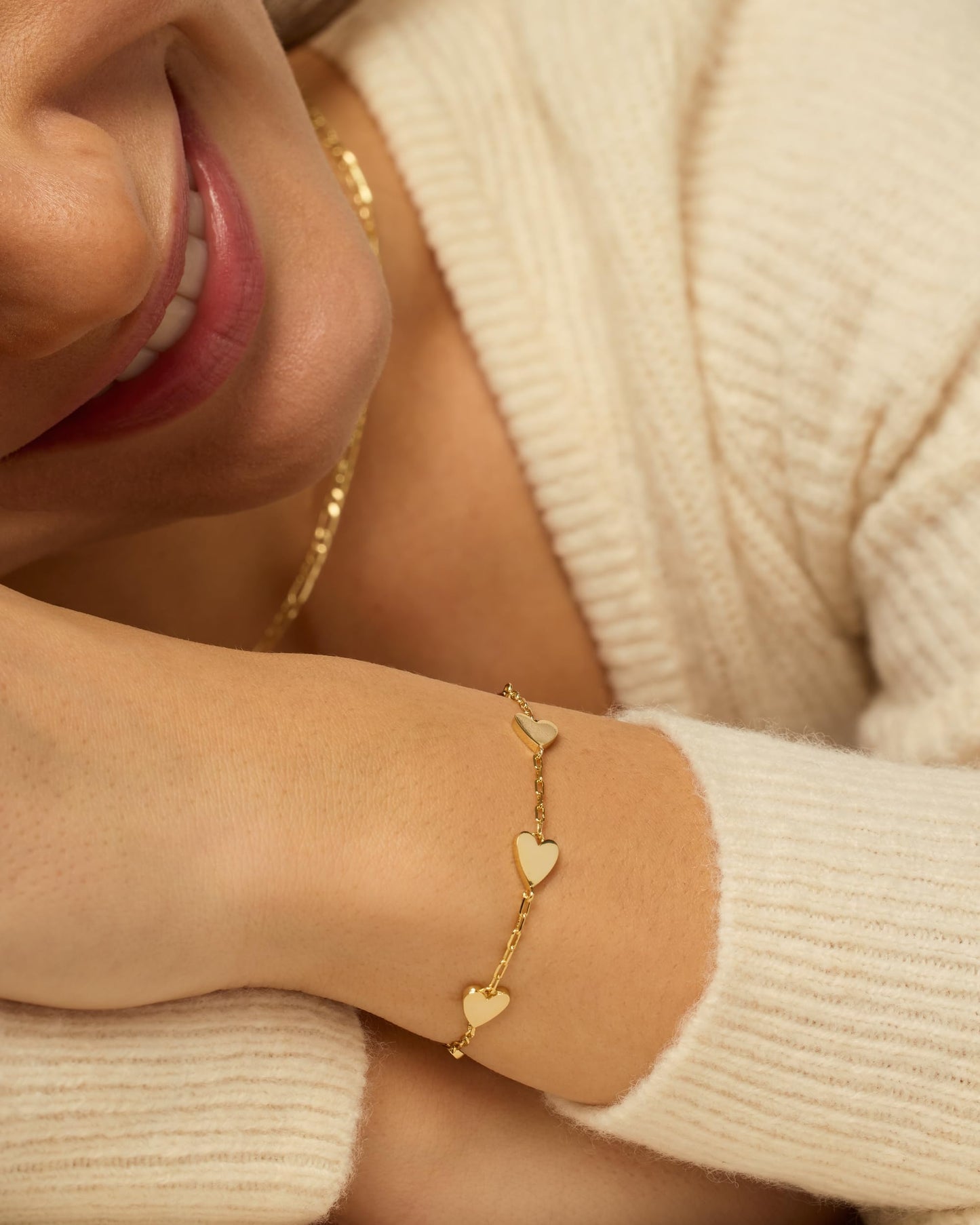 PAVOI 14K Yellow Gold Plated Dainty Station Heart Charm Bracelet for Women | Love Friendship Adjustable Link Chain Bracelet