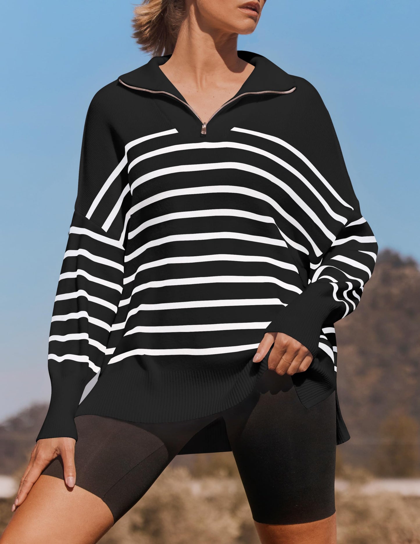 ZESICA Women's Striped Sweaters Half Zipper Long Sleeve Ribbed Knit Loose Oversized Pullover Sweater Tops,Black,Medium