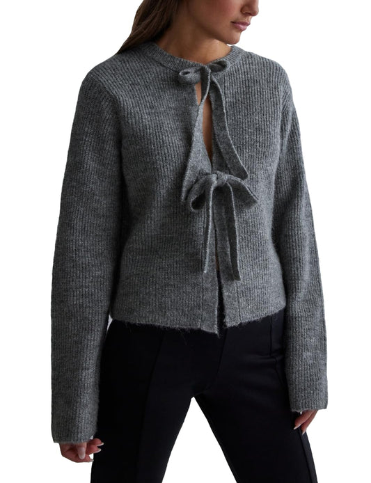 Malajisi Women's Cropped Ribbed Knit Cardigan Long Sleeve Bow Tie Front Open Front Knitwear Tops(Grey,M)