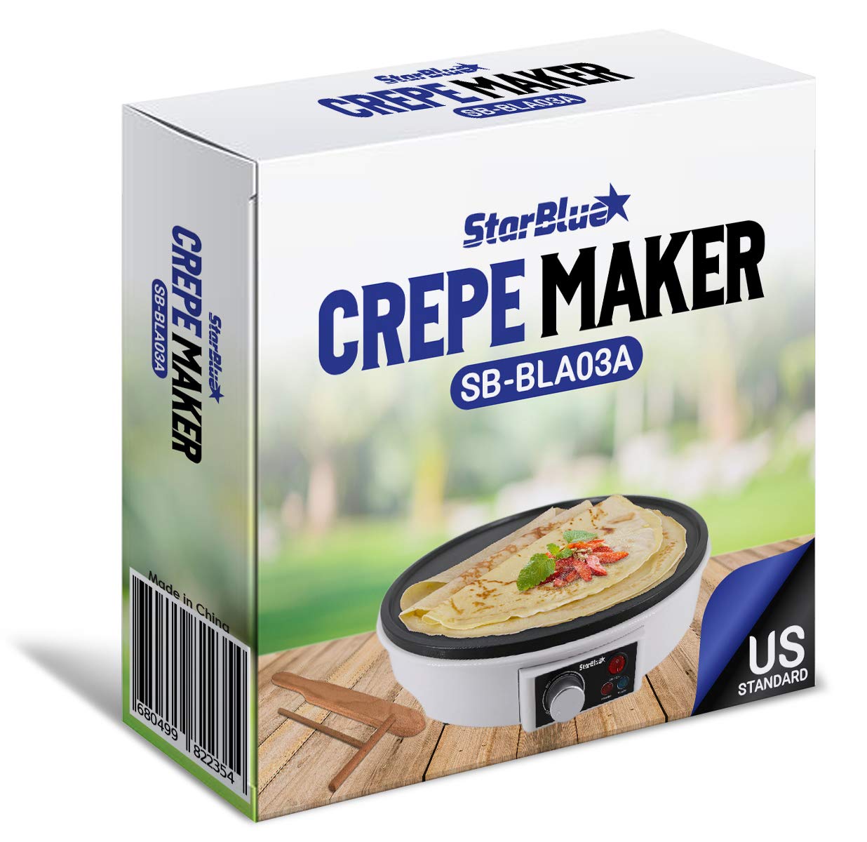 12" Electric Crepe Maker by StarBlue with FREE Recipes e-book and Wooden Spatula - Perfect for Crepes, Roti, Tortillas, Blintzes, Pancakes, Waffles, Eggs, Bacon AC 120V 50/60Hz 1000W
