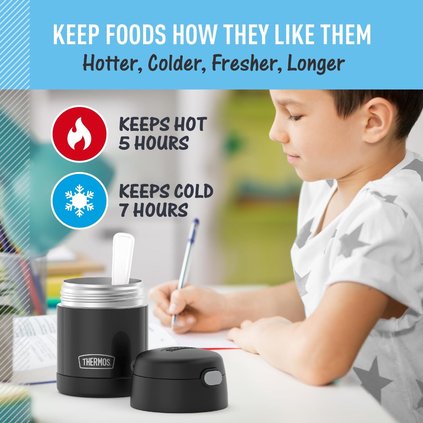 THERMOS FUNTAINER Insulated Food Jar – 10 Ounce, Black – Kid Friendly Food Jar with Foldable Spoon