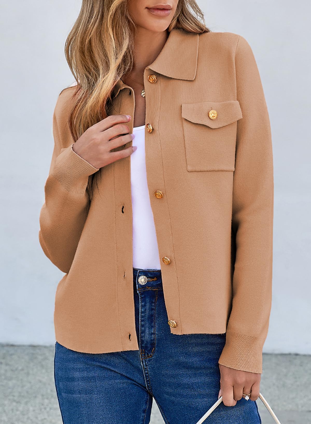 EVALESS Sweaters for Women Button Down Cardigan Fashion 2024 Crop Dressy Casual Outfits Fall Autumn Lightweight Long Sleeve Open Front Cable Knit Beige Cardigans Sweaters for Women Winter Coat, Medium