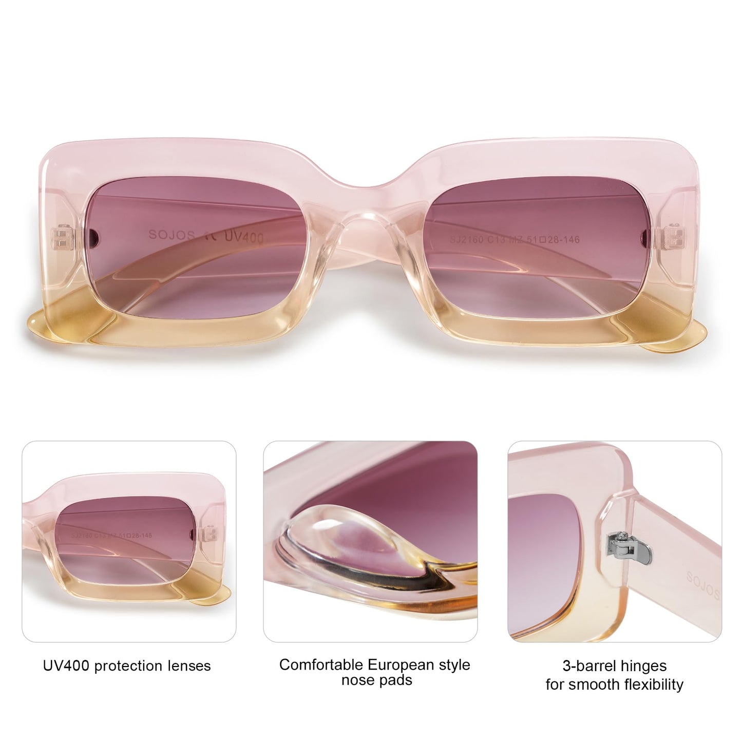 SOJOS Retro 90s Nude Rectangle Sunglasses Womens Mens Trendy Chunky Glasses Gradient Pink Frame Purple Lens
