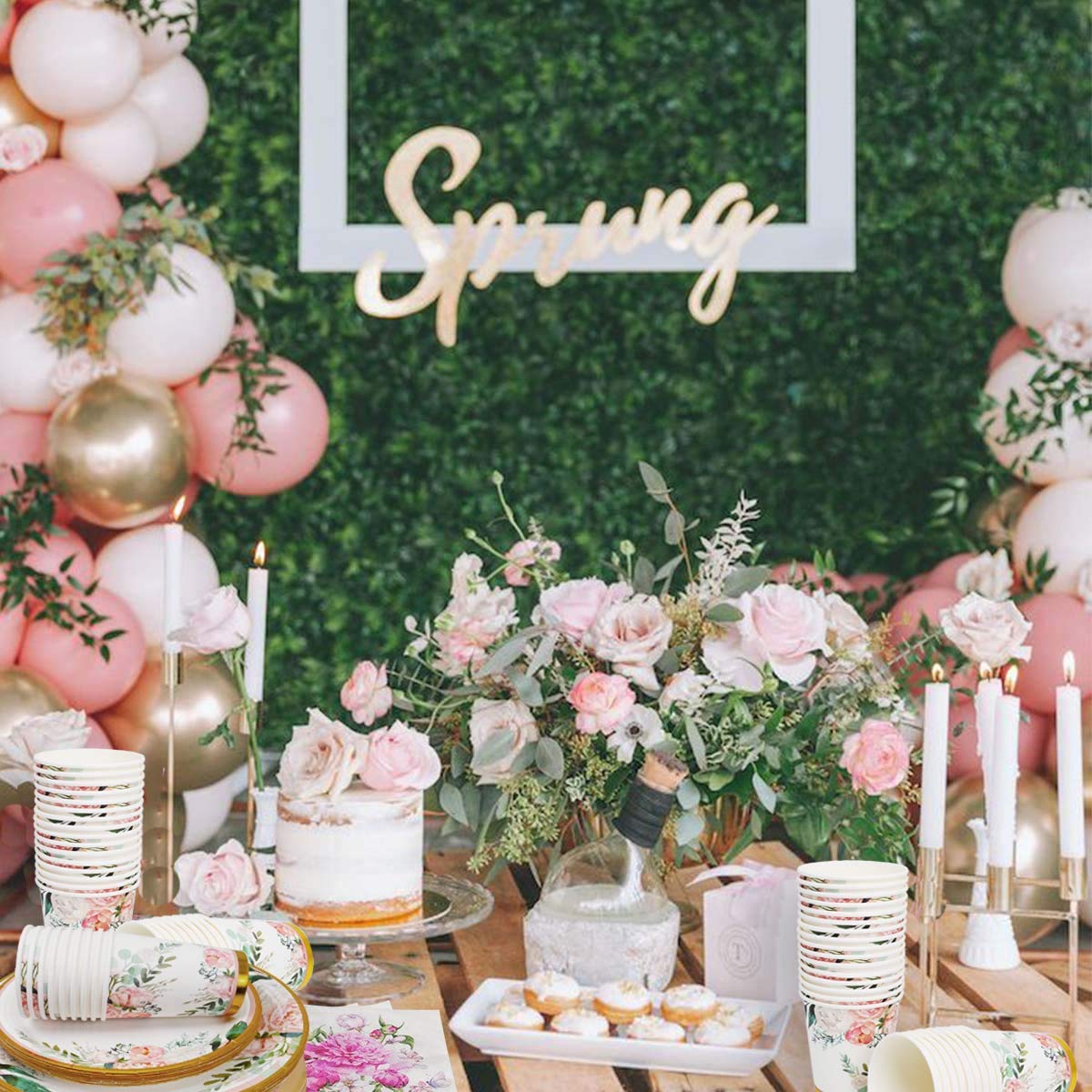 Floral Party Supplies bridal shower paper plates and Napkins Sets for 24 Guest-Floral Party Disposable Paper Dinner Plates,Cups,Knives, Spoons, Forks, for Baby Shower Birthday Bridal Shower Tea Party