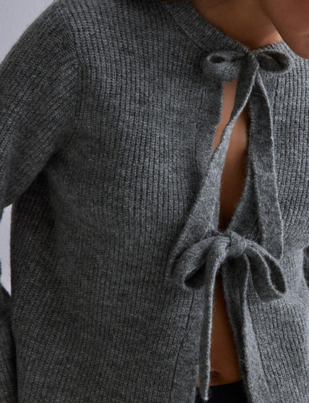 Malajisi Women's Cropped Ribbed Knit Cardigan Long Sleeve Bow Tie Front Open Front Knitwear Tops(Grey,M)