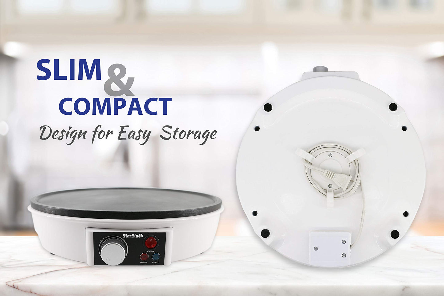 12" Electric Crepe Maker by StarBlue with FREE Recipes e-book and Wooden Spatula - Perfect for Crepes, Roti, Tortillas, Blintzes, Pancakes, Waffles, Eggs, Bacon AC 120V 50/60Hz 1000W
