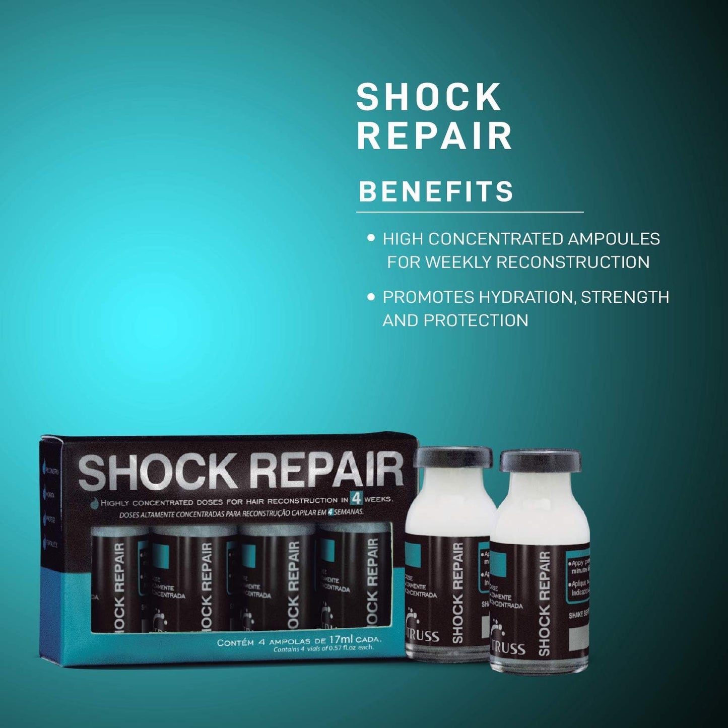 TRUSS Shock Repair - Damaged Hair Treatment Serum for Weekly Reconstruction + Ongoing Hair Repair - With Highly Concentrated Ampoules for Prime Hydration + Strength - (4 Week Supply)