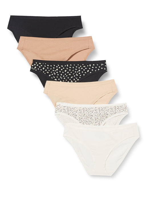 Amazon Essentials Women's Cotton Bikini Brief Underwear (Available in Plus Size), Pack of 6, Floral/Multicolor, Medium