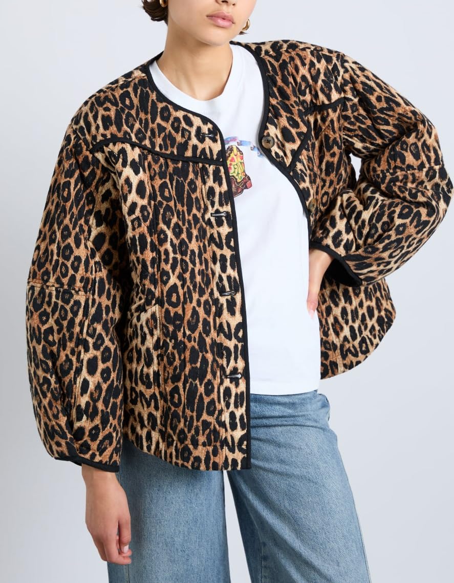 Seyurigaoka Women’s Cropped Floral Quilted Jacket Lightweight Vintage Boho Print Patchwork Padded Puffer Coat Winter (Brown Leopard, M)