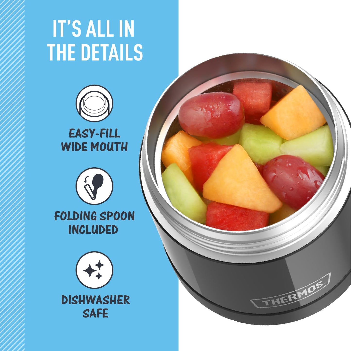 THERMOS FUNTAINER Insulated Food Jar – 10 Ounce, Black – Kid Friendly Food Jar with Foldable Spoon