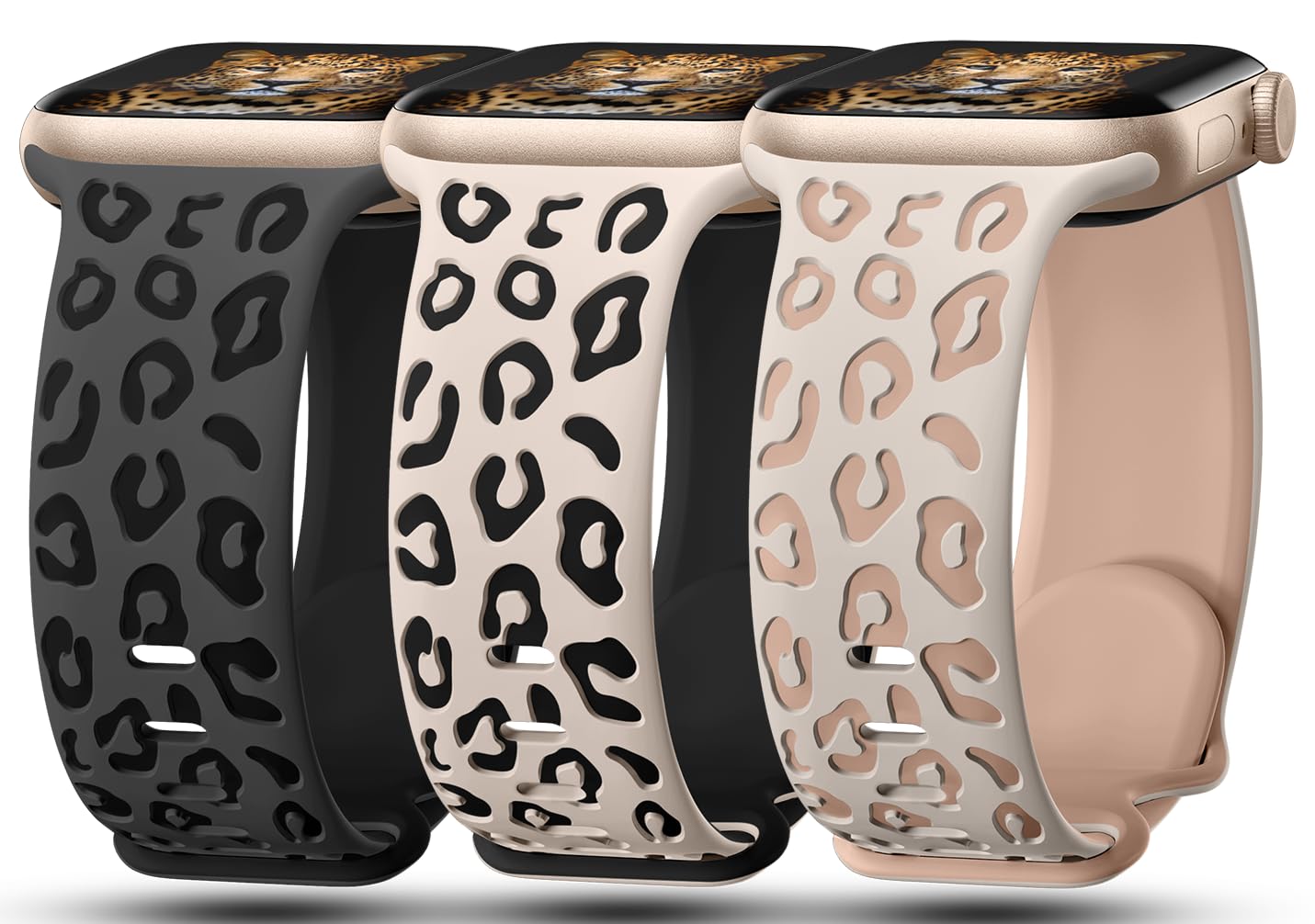 3 Pack Leopard Engraved Bands Compatible with Apple Watch Band 41mm 40mm 38mm Women, Soft Silicone Cheetah Embossed Sport Strap for iWatch Bands Series 9 8 7 6 5 4 3 2 1 Ultra SE.MT-SL-SLMT