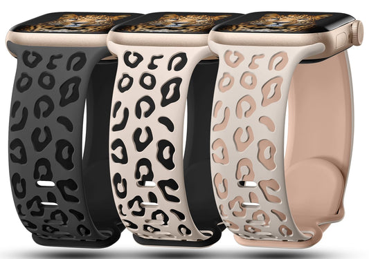 3 Pack Leopard Engraved Bands Compatible with Apple Watch Band 41mm 40mm 38mm Women, Soft Silicone Cheetah Embossed Sport Strap for iWatch Bands Series 9 8 7 6 5 4 3 2 1 Ultra SE.MT-SL-SLMT
