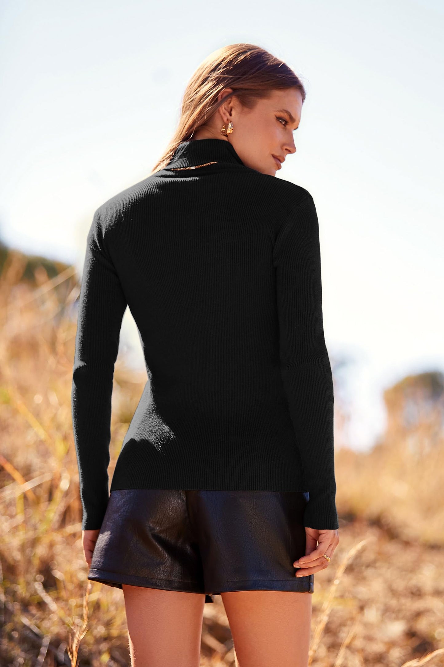 PRETTYGARDEN Women's Fall Fashion Turtleneck Pullover Sweaters Casual Long Sleeve Cable Knit Fitted Jumper Tops (Black,Medium)