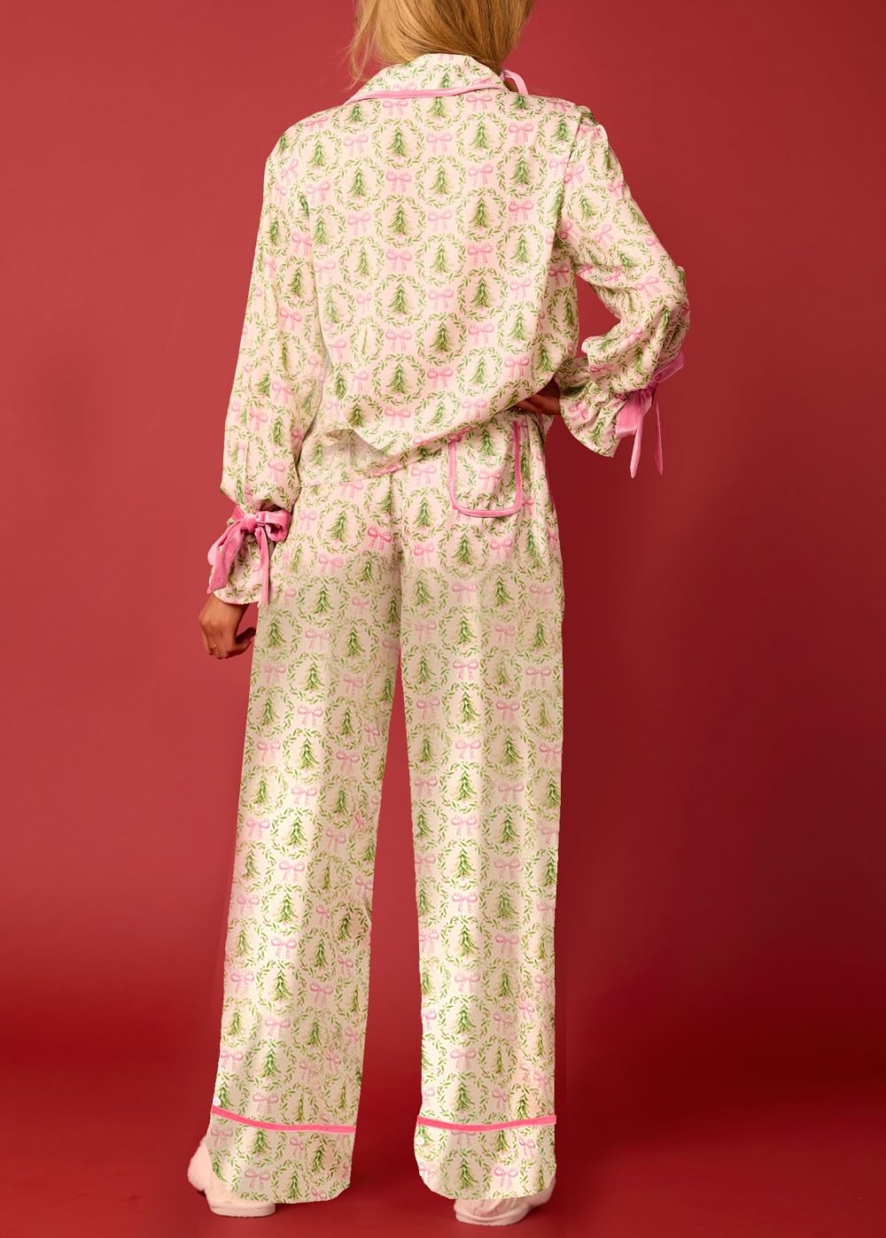 Leyajedol Women Silk Christmas Pajamas 2 Piece Satin Ribbon Tie Front Pjs Xmas Graphic Long Sleeve Shirt Pants Set Sleepwear