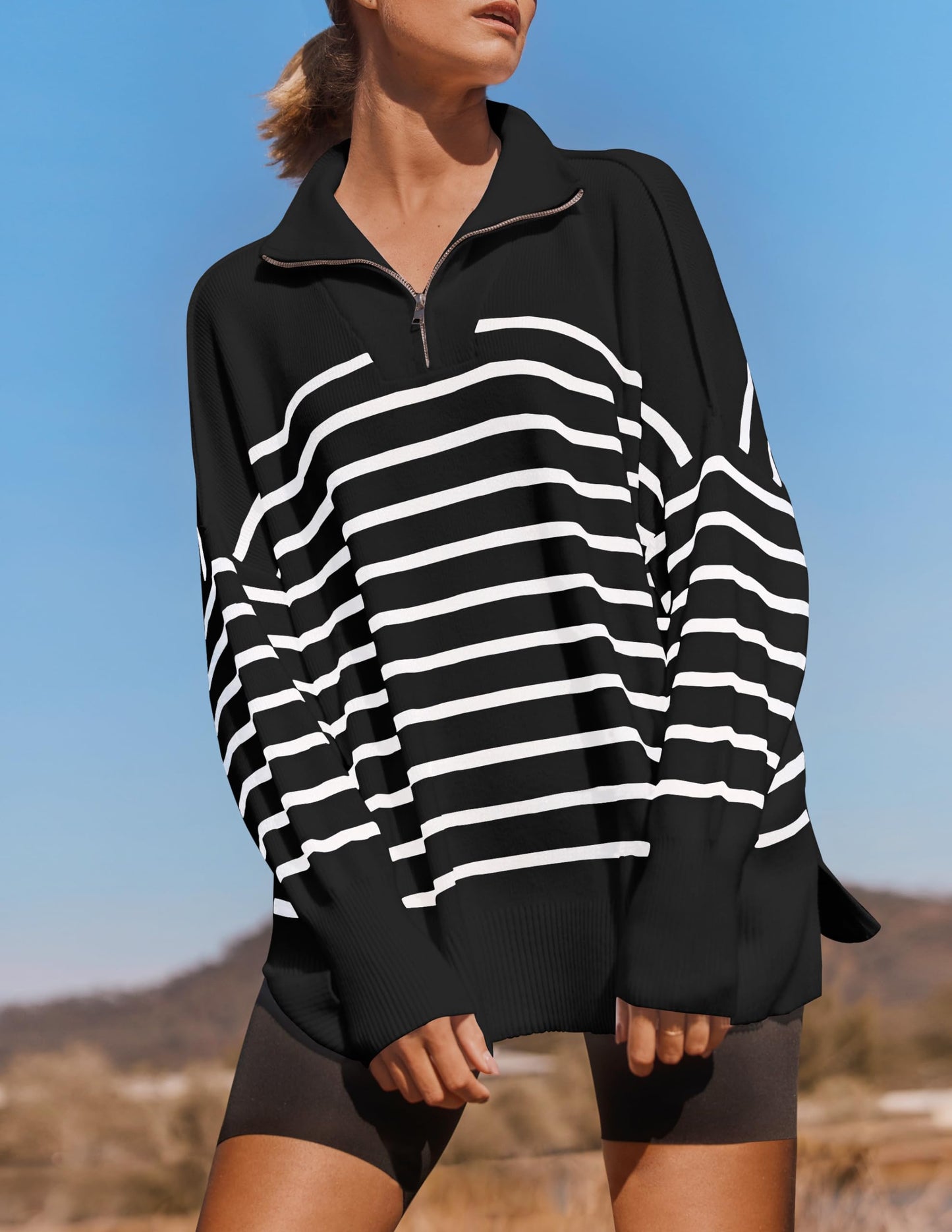 ZESICA Women's Striped Sweaters Half Zipper Long Sleeve Ribbed Knit Loose Oversized Pullover Sweater Tops,Black,Medium