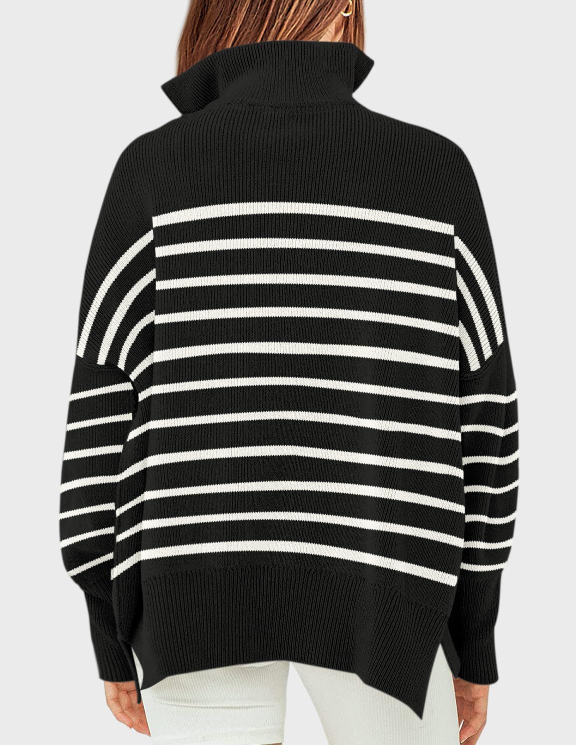 ZESICA Women's Striped Sweaters Half Zipper Long Sleeve Ribbed Knit Loose Oversized Pullover Sweater Tops,Black,Medium