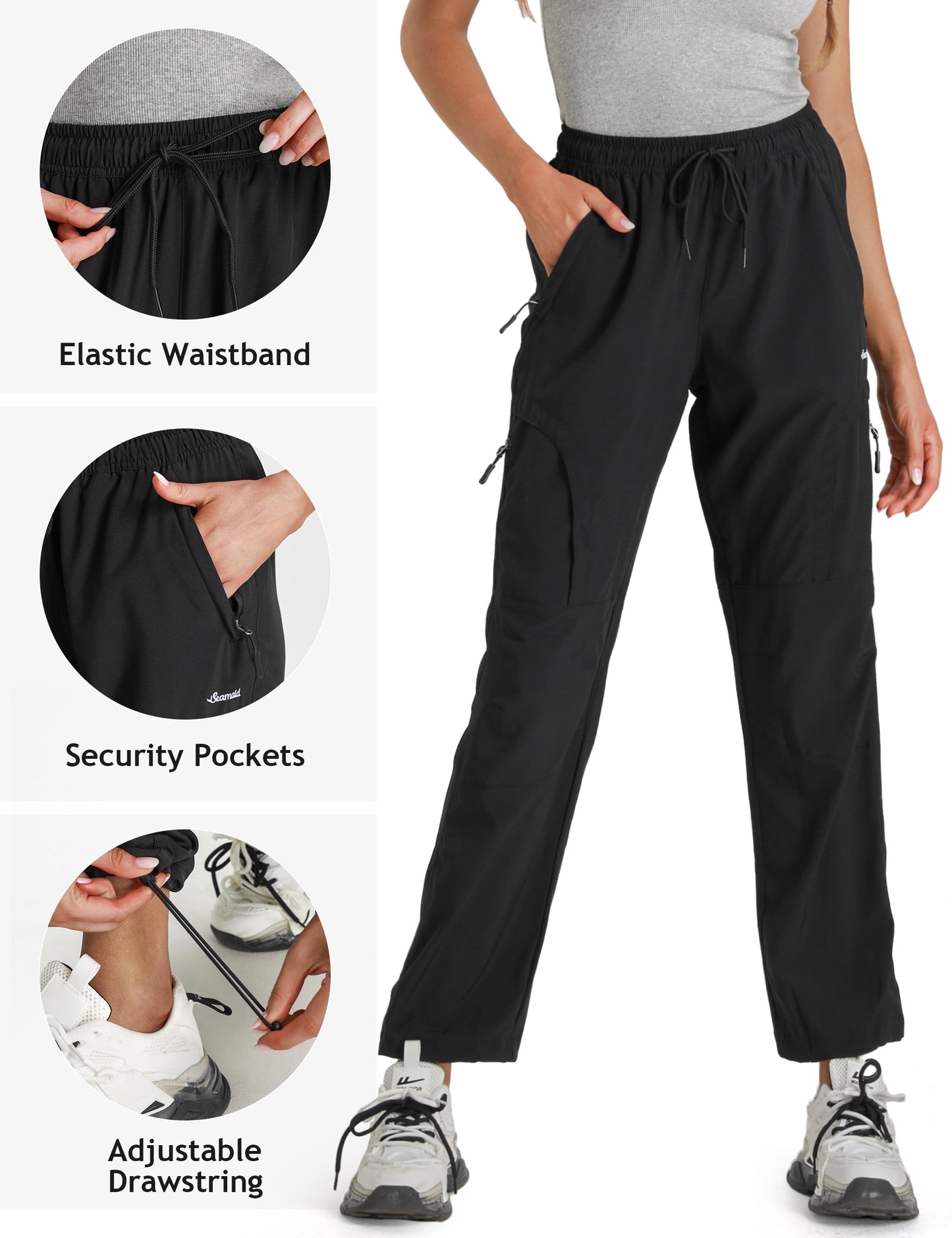 Seamaid Women's Hiking Pants Quick Dry Lightweight Water Resistant Cargo Pants with Zipper Pockets Travel Outdoor Black S