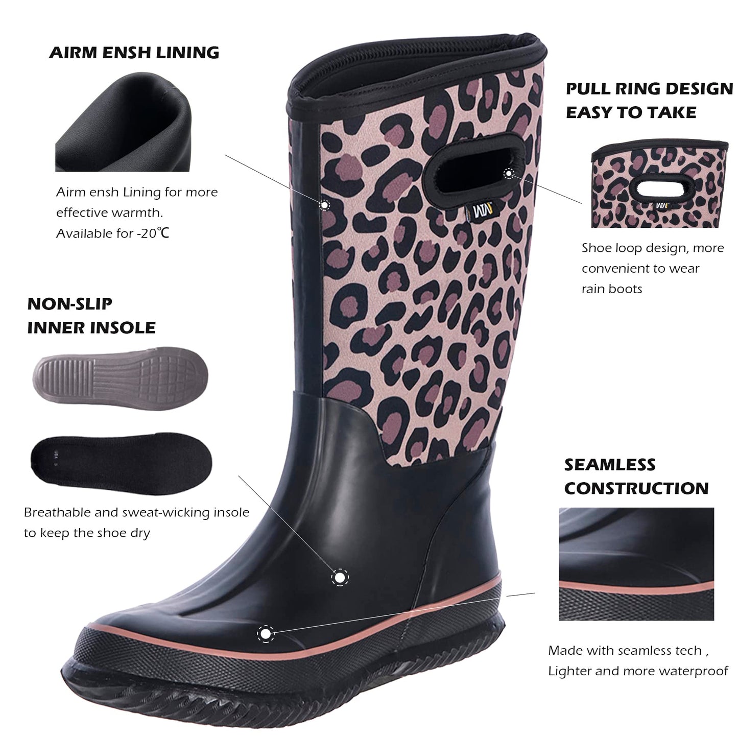 WTW Mid Calf Rain Boots for Women - Waterproof Neoprene Mud Boots Garden Boots