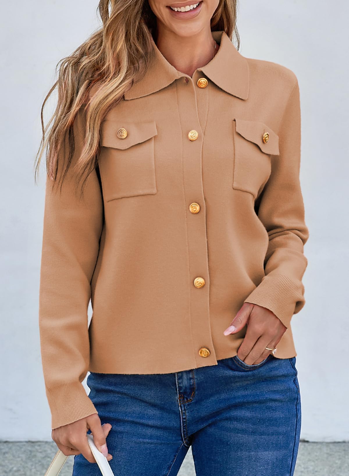 EVALESS Sweaters for Women Button Down Cardigan Fashion 2024 Crop Dressy Casual Outfits Fall Autumn Lightweight Long Sleeve Open Front Cable Knit Beige Cardigans Sweaters for Women Winter Coat, Medium