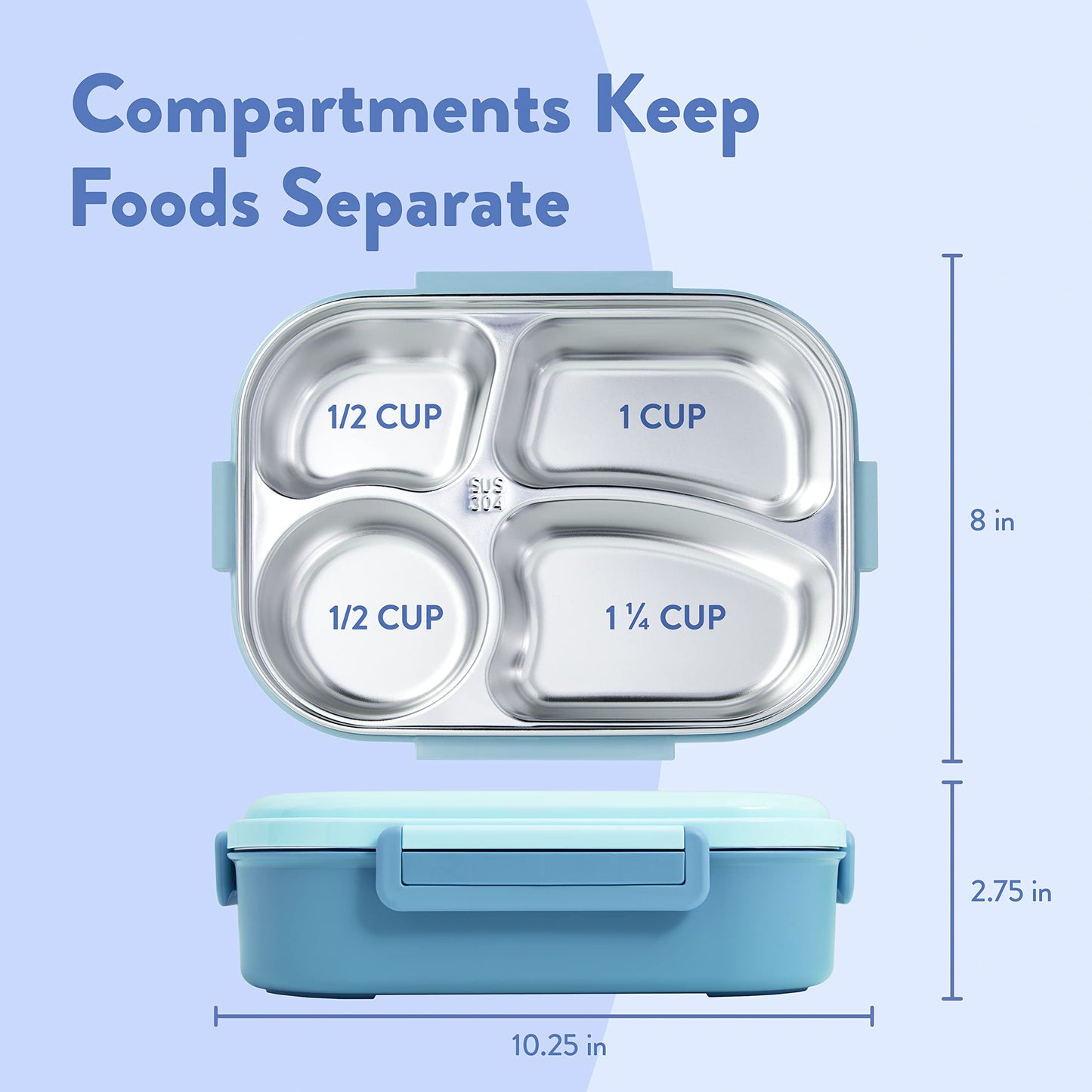 Stainless Steel Bento Box for Kids - Leakproof Lunch Box with Four Compartments and Separate Soup Cup with Silicone Lid for Kids and Adults (Blue)