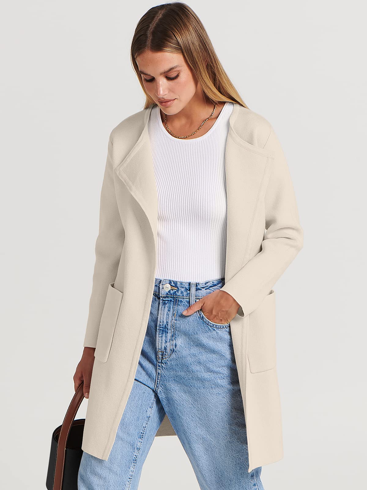 ANRABESS Women's Open Front Knit Lightweight Cardigan Casual Long Coatigan Sweater Lady Jacket Coat 2024 Fall Outerwear Beige Medium