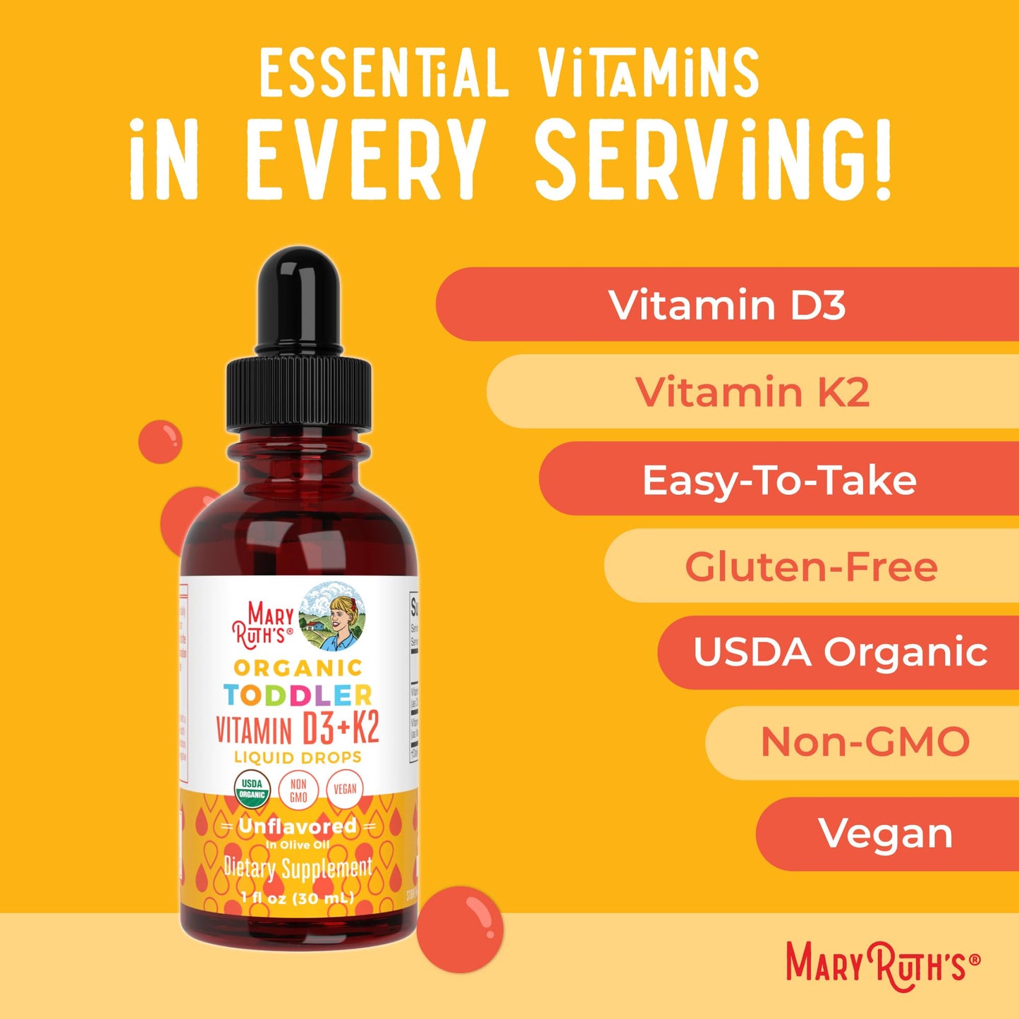 Vitamin D3 | Vitamin K2 | Vitamin D3 K2 Drops | K2 D3 Vitamin Liquid Supplement for Toddlers | Kids Supplement for Calcium Absorption Strong Bones | Vegan | Non-GMO | Gluten Free | 1 Fl Oz