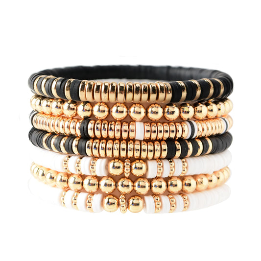 GOOJIDS Surfer Heishi Clay Bead Bracelets for Women Bohemian Stackable Gold Beaded Stretch Bracelets Elastic Layering Friendship Bracelets Boho Jewelry Gifts