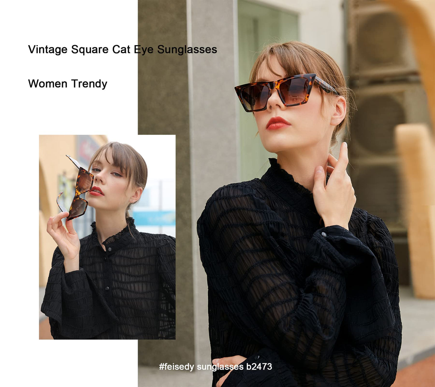 FEISEDY Vintage Square Cat Eye Sunglasses Women Trendy Retro Cateye Sunglasses B2473