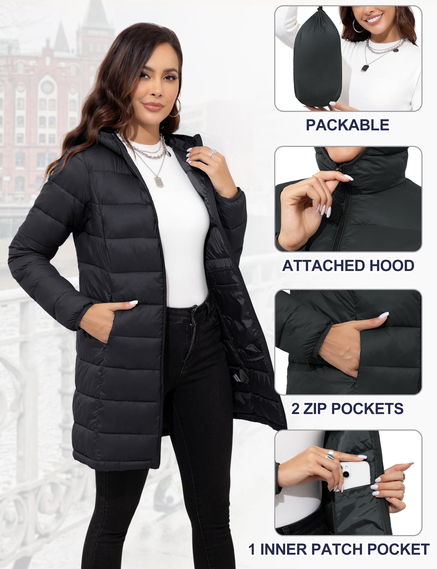 ANOTHER CHOICE Women Packable Puffer Jacket Lightweight Hooded Puffy Jacket (Black, XL)