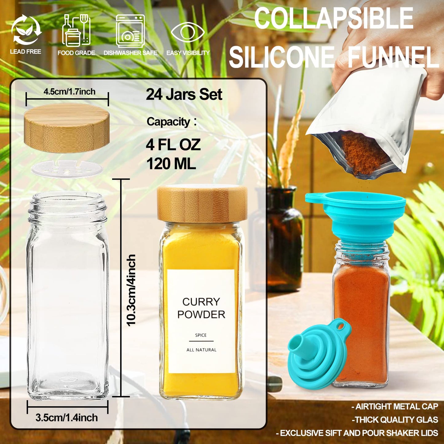AISIPRIN Glass Spice Jars with Bamboo Lids | Square Spice Jar with Labels | Spice Bottles With Shaker Lids | Spice Containers | for Cabinet,Drawer,Spice Rack | Seasoning Organizer (Pack of 24)