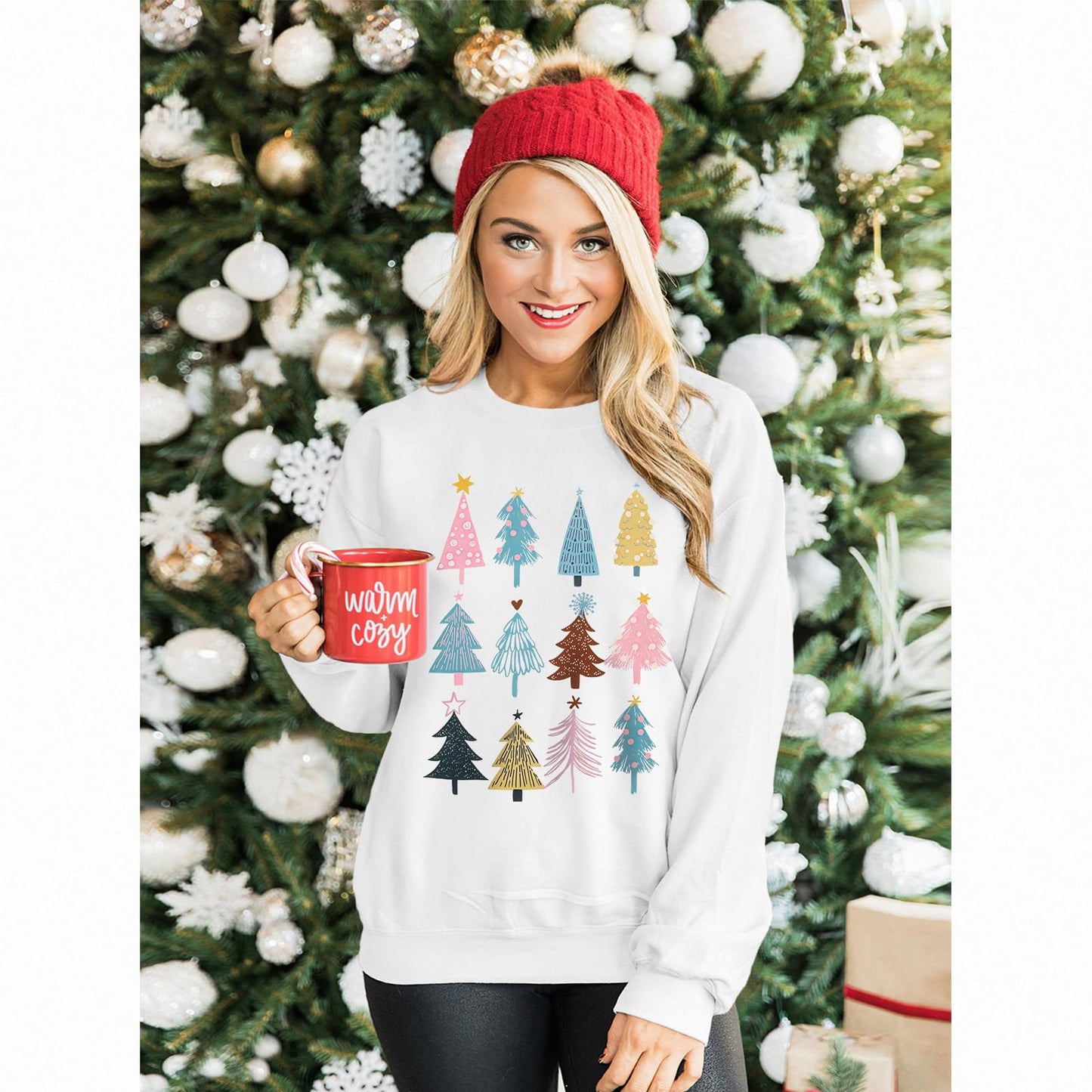 CM C&M WODRO Christmas Sweatshirts for Women Funny Christmas Tree Graphic Long Sleeve Crewneck Sweater Shirt Casual Pullover Fall Top