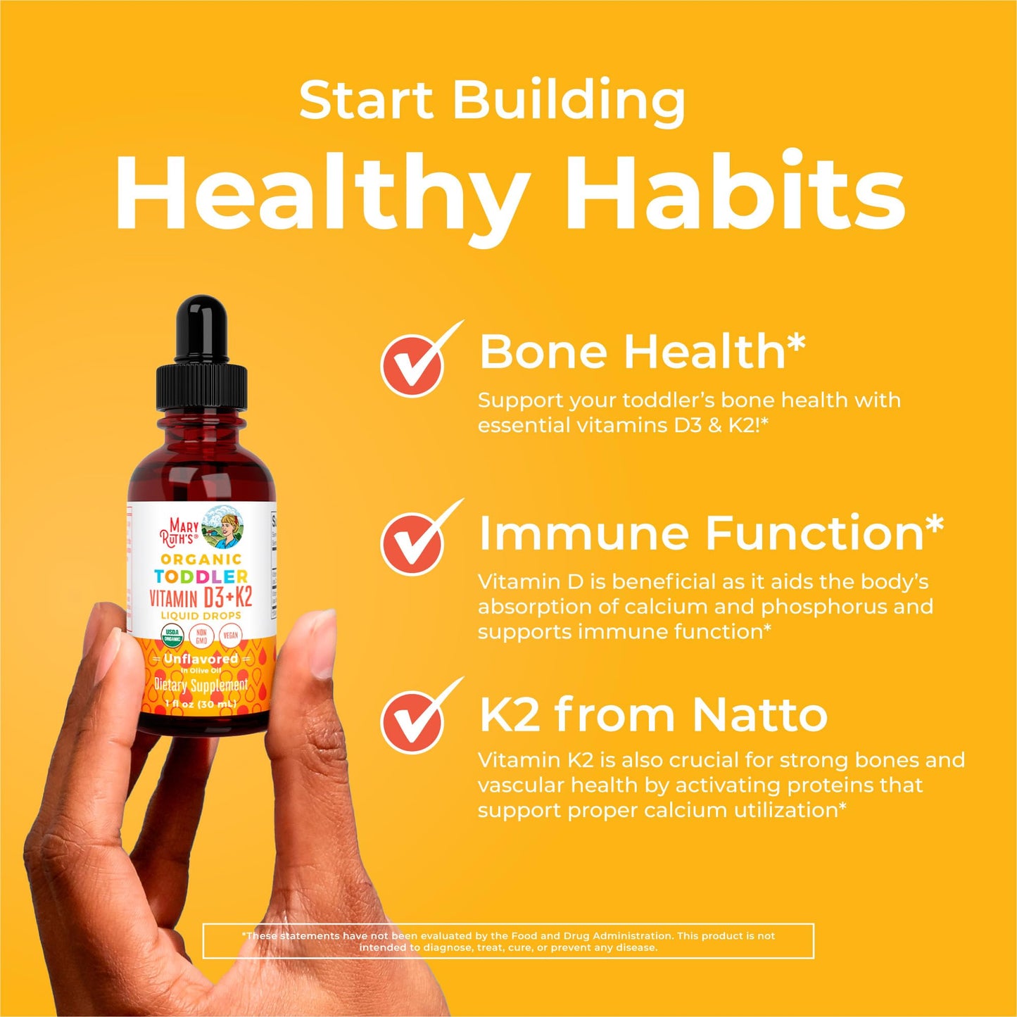 Vitamin D3 | Vitamin K2 | Vitamin D3 K2 Drops | K2 D3 Vitamin Liquid Supplement for Toddlers | Kids Supplement for Calcium Absorption Strong Bones | Vegan | Non-GMO | Gluten Free | 1 Fl Oz