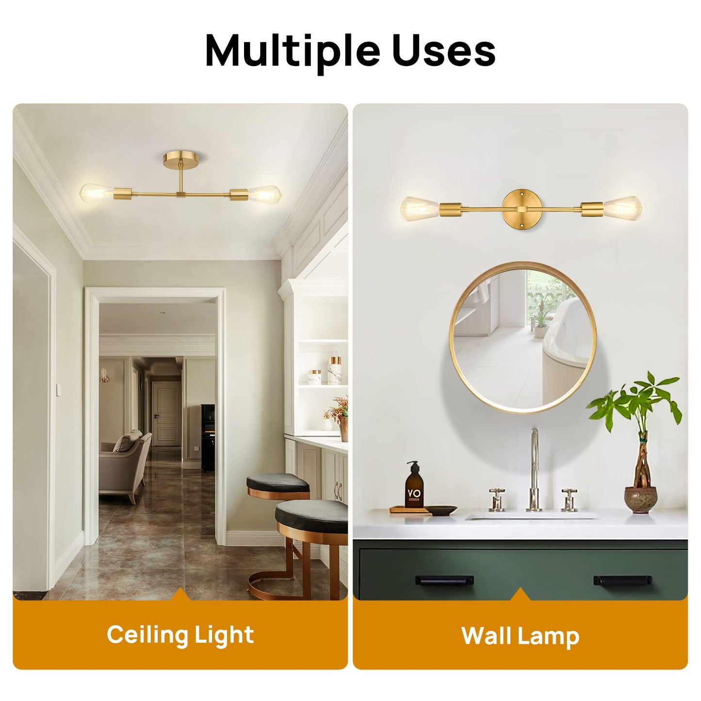 FadimiKoo 2-Light Gold Sconces Wall Light Fixtures, Bathroom Vanity Light Fixtures Over Mirror, Modern Brushed Brass Indoor Semi Flush Mount Lighting for Hallway Bedroom Kitchen (1 Pack)