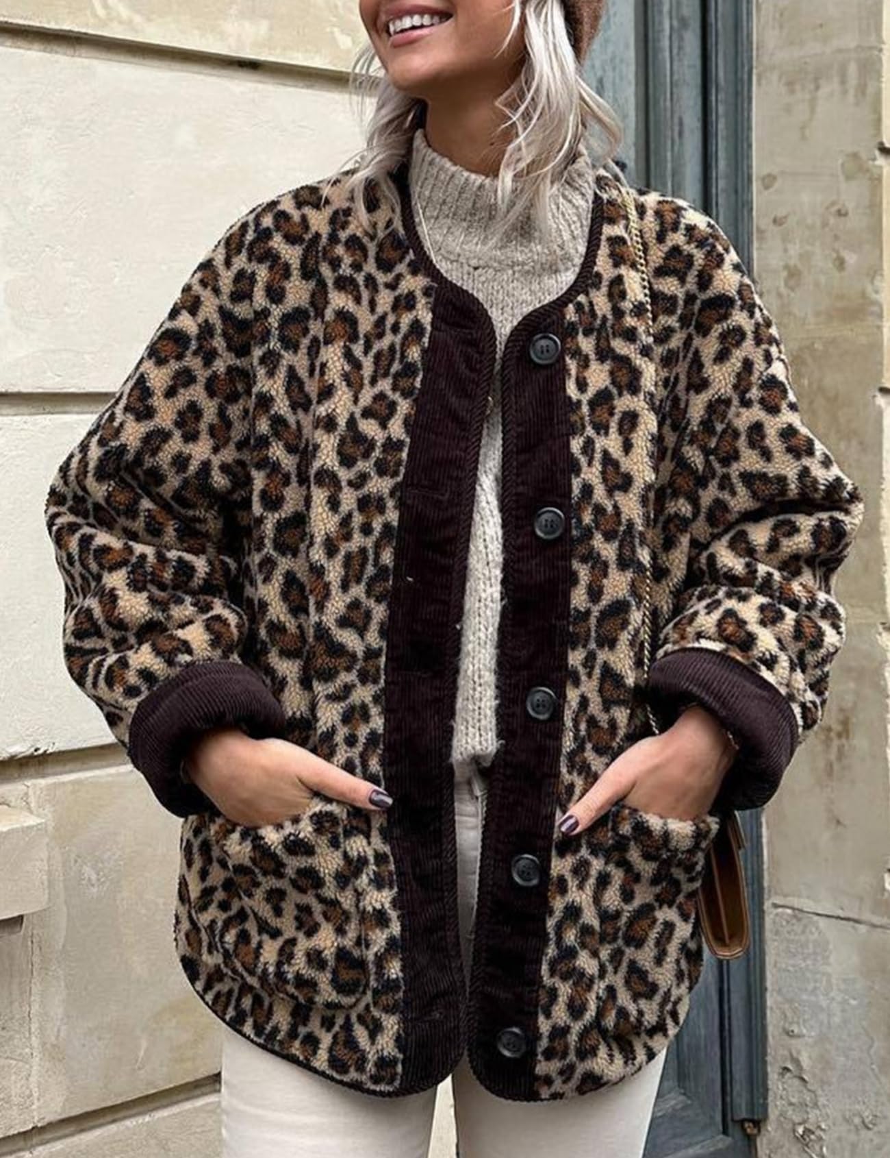 Eisctnd Women's Fuzzy Fleece Jacket Leopard Print Long Sleeve Open Front Coats Lightweight Casual Outerwear with Pocket(Leopardprint-M)