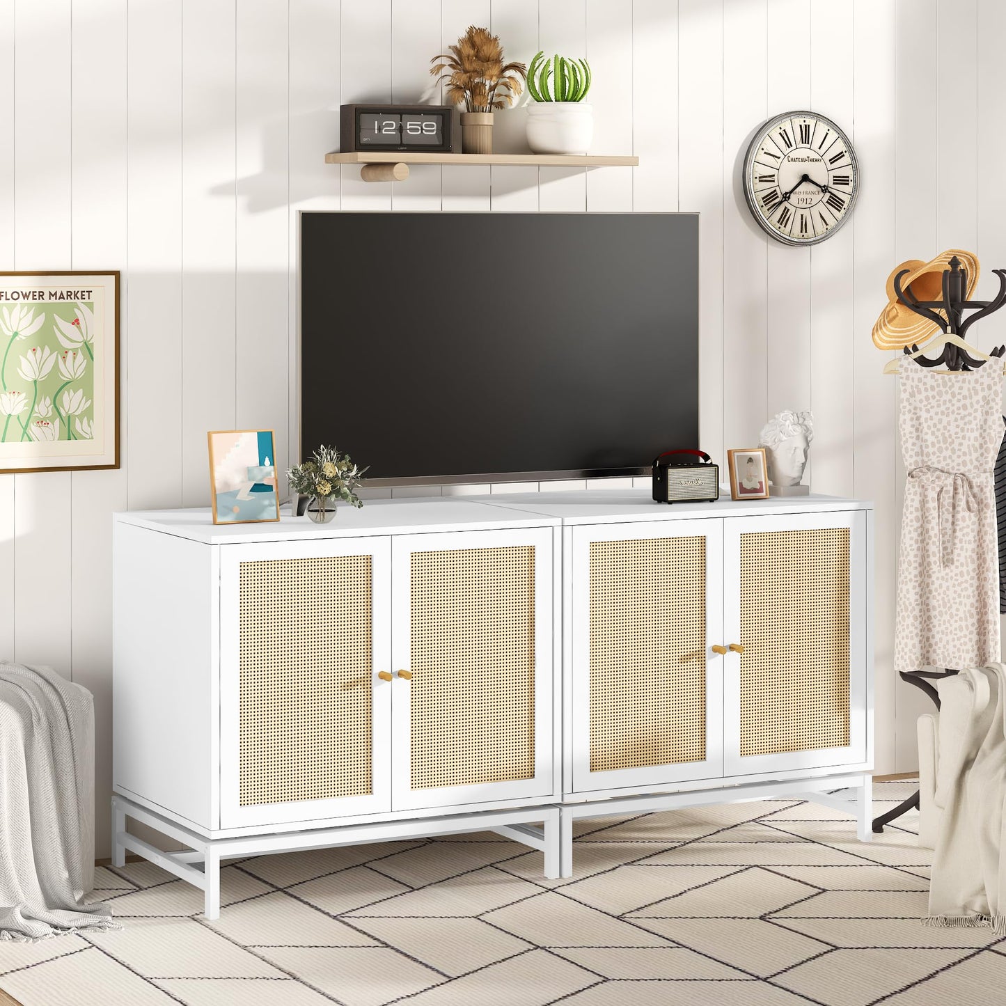 Lamerge Sideboard Buffet Cabinet, Rattan Kitchen Storage Cabinet with 2 Doors,Cupboard Console Table with Adjustable Shelves,Accent Cabinet for Dining Room, Bedroom, Hallway,White