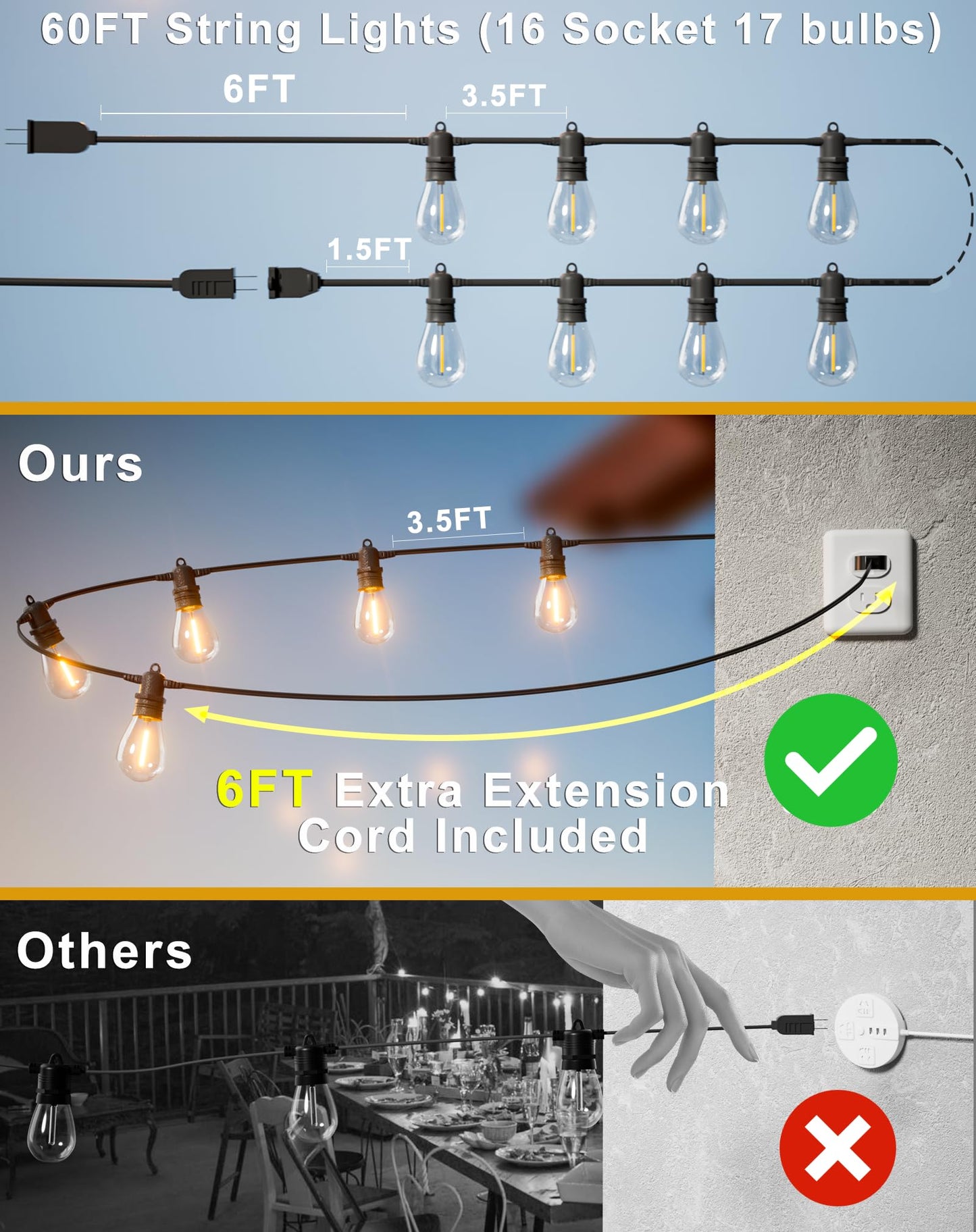 Jerritte 60FT LED Outdoor String Lights with 16+1 Edison Shatterproof IP65 Waterproof Bulbs, 2700K Dimmable Commercial Grade Patio Lights, Heavy Duty Outside Hanging Lights for Garden Porch Deck Decor