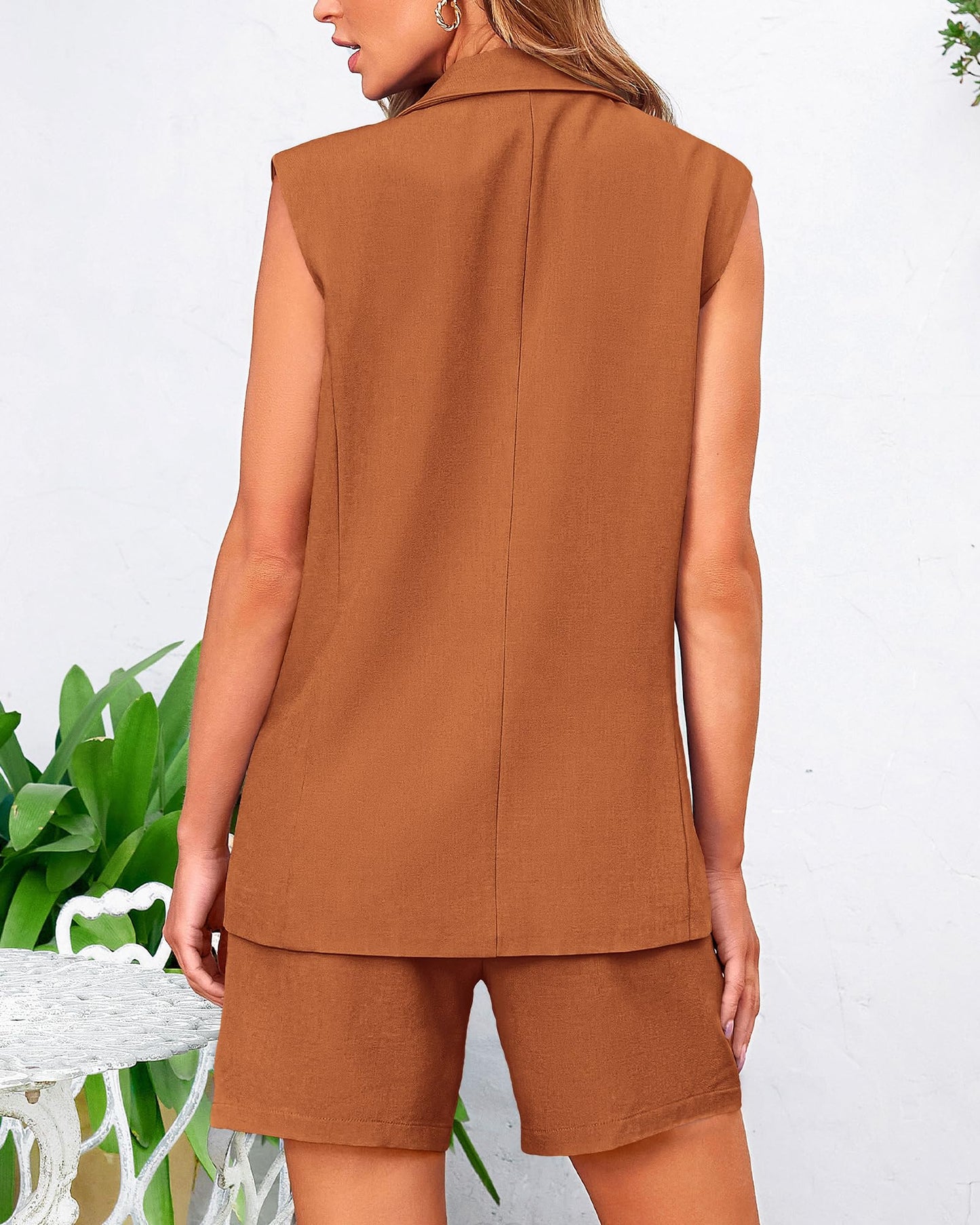 BTFBM Women's Casual Sleeveless Blazer Vest Shorts Sets Lapel V Neck Button Down Office 2 Piece Lounge Matching Sets(Solid Brick Red, Medium)