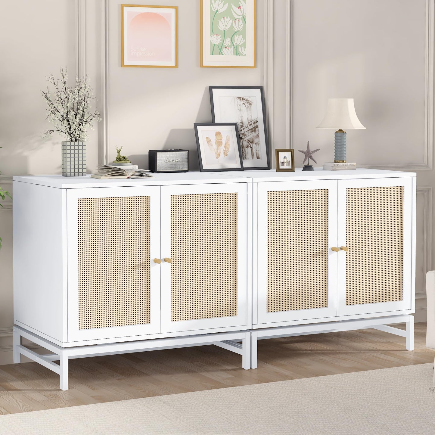 Lamerge Sideboard Buffet Cabinet, Rattan Kitchen Storage Cabinet with 2 Doors,Cupboard Console Table with Adjustable Shelves,Accent Cabinet for Dining Room, Bedroom, Hallway,White